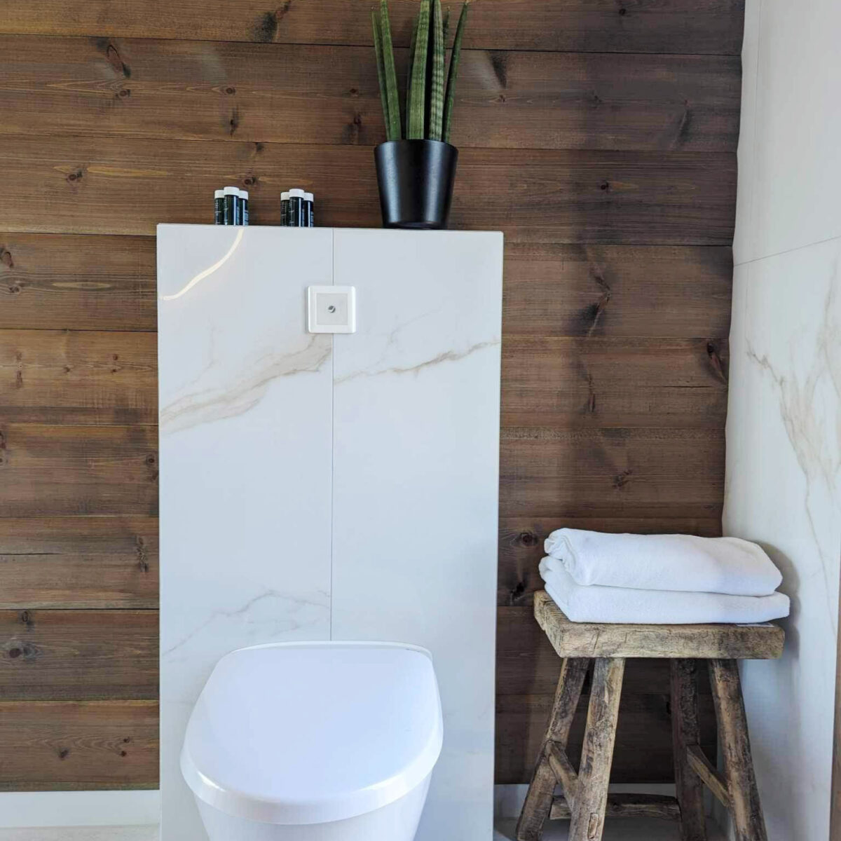 Moderne baderom med brun tømmervegg med et vegghengt toalett fra Jets.