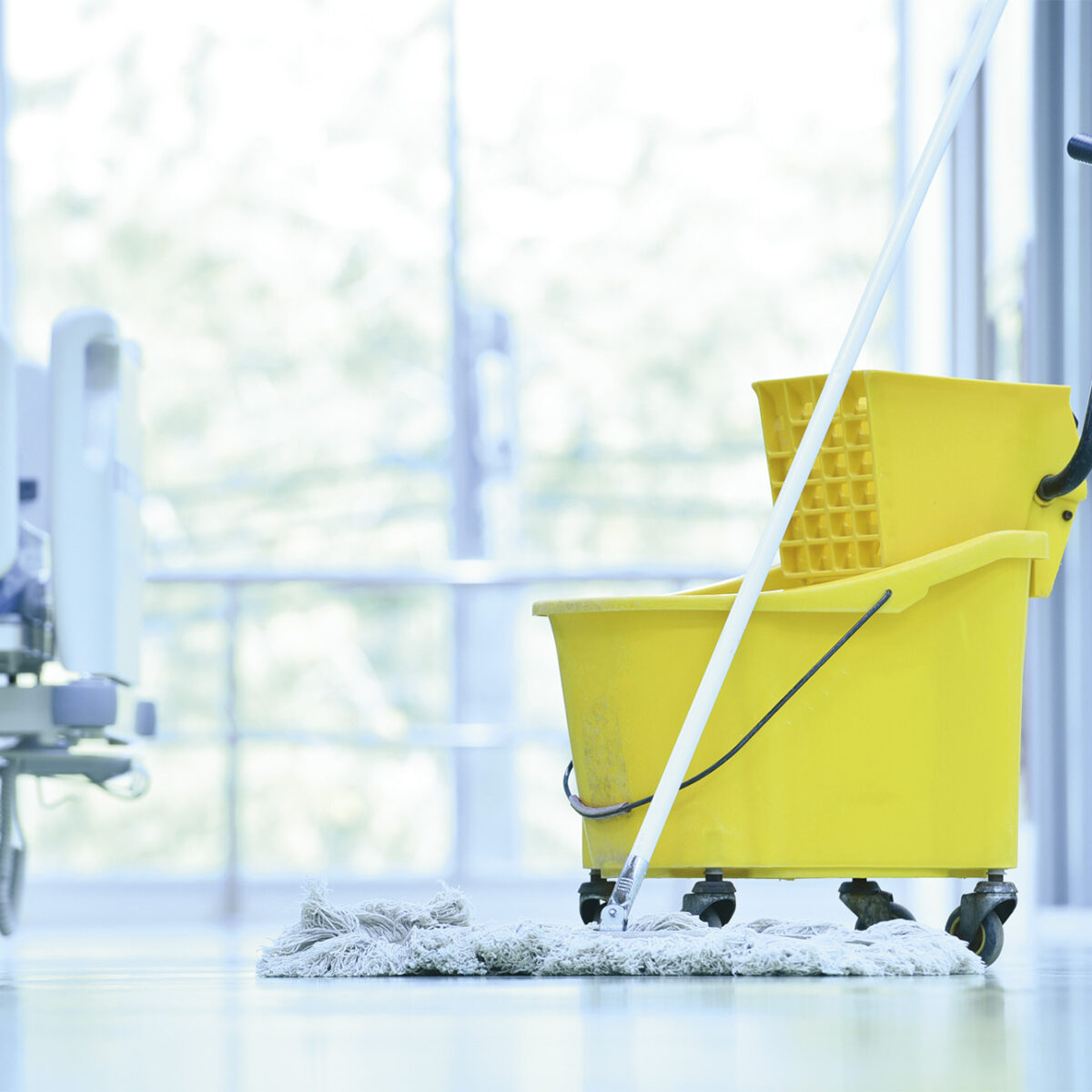Hospital corridor with cleanings gear - bucket and mop
