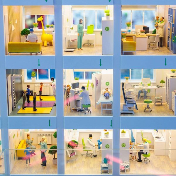 illustration of different rooms and functions at a hospital