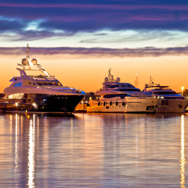 Yachts in a harbour at night